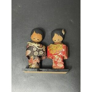 Vintage Japanese Creative Kokeshi Dolls Couple Man Woman Wood 5” Folk Craft